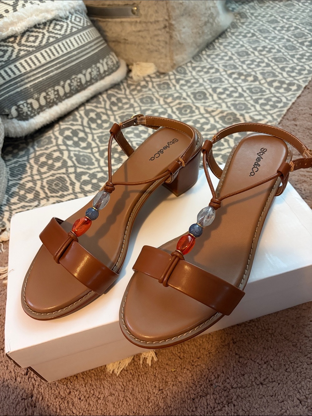 NWT Style & Co. Tan/Brown Boho Beaded T-Strap Block Heel Sandals Size 8